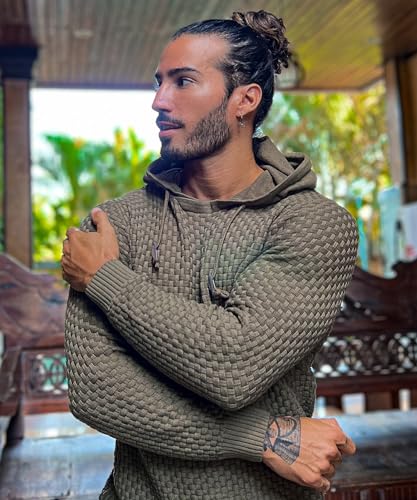 Zaitun Mens Hooded Sweatshirt Long Sleeve Solid Knitted Hoodie Pullover Sweater Green Khaki