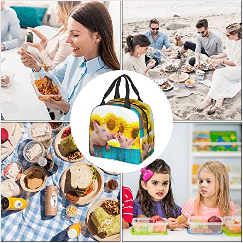 VOOHDDY Funny Pig Sunflower Wood Insulated Lunch Bag For Men Women Reusable Lunch Box Container Waterproof Portable Cooler Thermal Tote Bag For Work Office Picnic Beach Travel