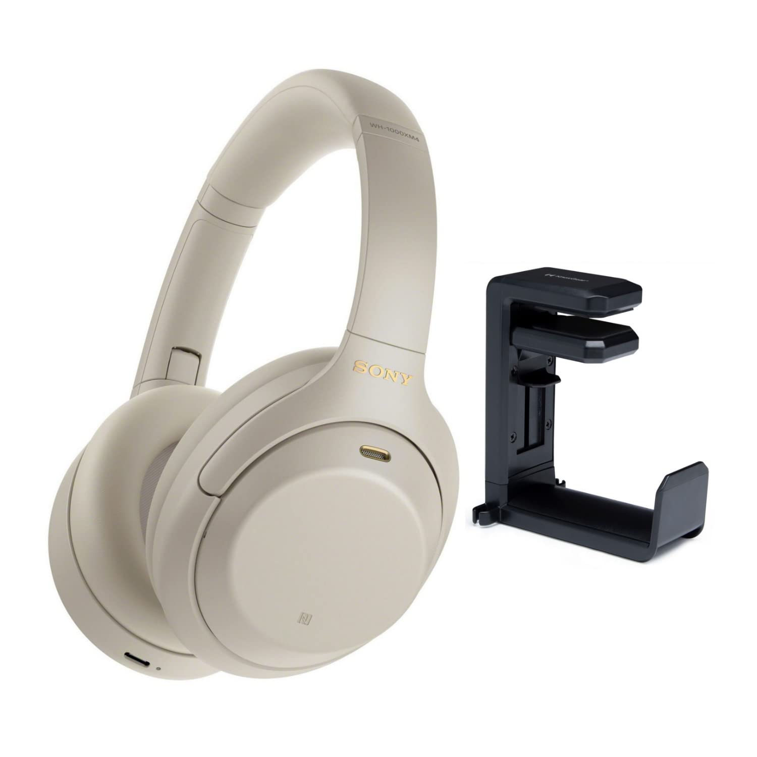 Sony WH-1000XM4 Wireless Noise Canceling Over-Ear Headphones (Silver) Bundle with Headphone Hanger Mount (2 Items)