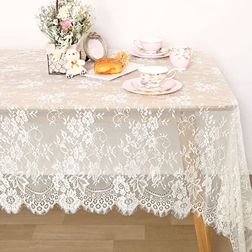 QueenDream Ivory Lace Tablecloth: 60x120 Inch - Wedding - Rectangular Table Cloth Overlay Vintage Embroidered Lace Fabric for Summer Outdoor Party Reception Home Decor