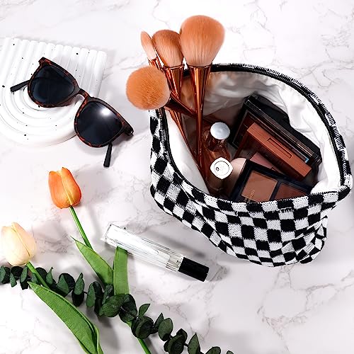 ZLFSRQ 2Pcs Checkered Makeup Bag for Women Large Capacity Cosmetic Bag Set Travel Makeup Pouch for Purse Zipper Toiletry Organizer Cute Y2K Aesthetic Trendy Makeup Brushes Storage Bag(Pink/Brown)