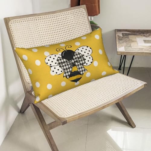 Yellow Bee Pillow Covers 12x20 Set of 2 Polka Dots Outdoor Decorative Throw Pillow Covers Summer Farmhouse Seasonal Linen Cushion Case for Home Sofa Couch Outdoor Decor