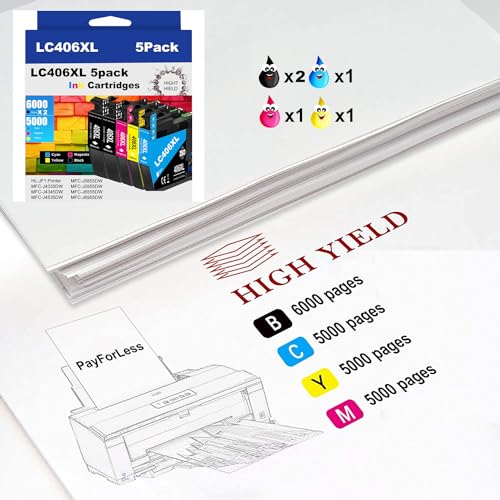 LC406XL Ink Cartridges Compatible for Brother LC406XL LC406 for Brother MFC-J4335DW MFC-J4535DW MFC-J4335DW MFC-J5855DW MFC-J6555DW MFC-J6955DW Printer 5 Pack(2 Black Cyan Magenta Yellow)