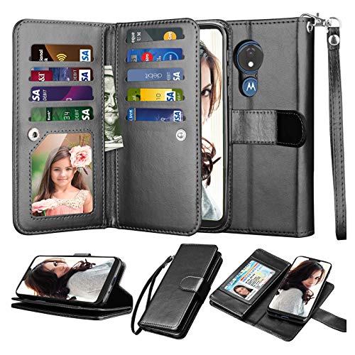 Njjex for Moto G7 Play Wallet Case/Motorola G7 Optimo (XT1952DL)/ T-Mobile Revvlry Case [9 Card Slots] PU Leather Card Holder Folio Flip [Detachable] Kickstand Lanyard Magnetic Phone Cover [Black]