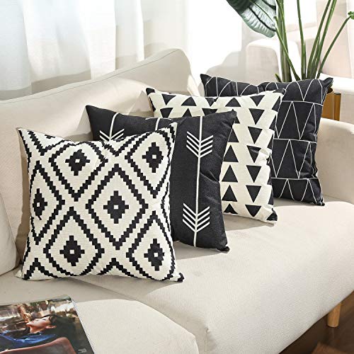 Tosewever Set of 4 Decorative Geometric 16 x 16 Inches Throw Pillow Covers - Modern Pattern Linen Square Pillow Cushion Case for Sofa Couch Bed Home Outdoor Car (16" x 16", Black)