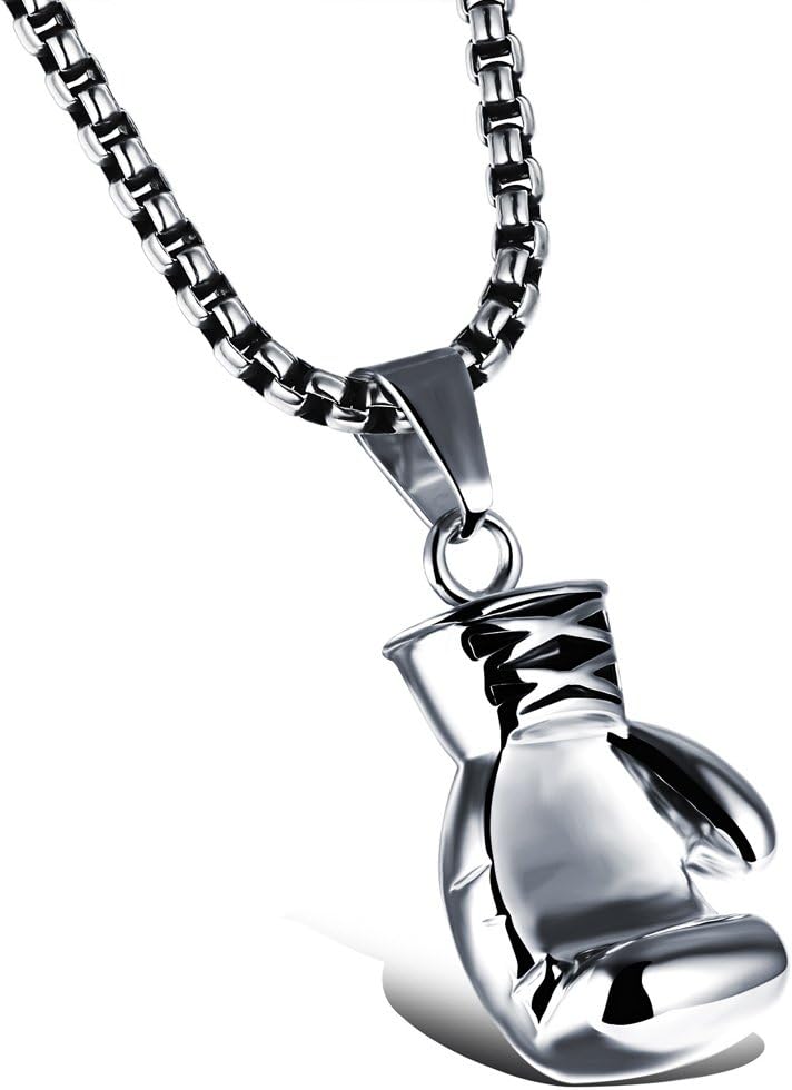 Hamoery Men Women Punk Stainless Steel Silver Boxing Glove Chain Pendant Necklace(Silver(Men))