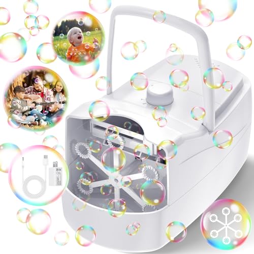 Bubble Machine,18000+ Big Bubbles/Min Automatic Bubble Blower for Kids with 2 Speeds,6 Wands,Operated by Plugin or Batteries Bubble Maker for Outdoor/Indoor Birthday Parties,Wedding (White)