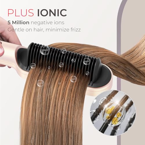 TYMO Ring Plus Ionic Hair Straightener Brush - Straightening Comb with Negative Ions for Women, Titanium Coating, 9 Temp Settings & LED Display, Dual Voltage, Professional Styling Tools, Gold Blush