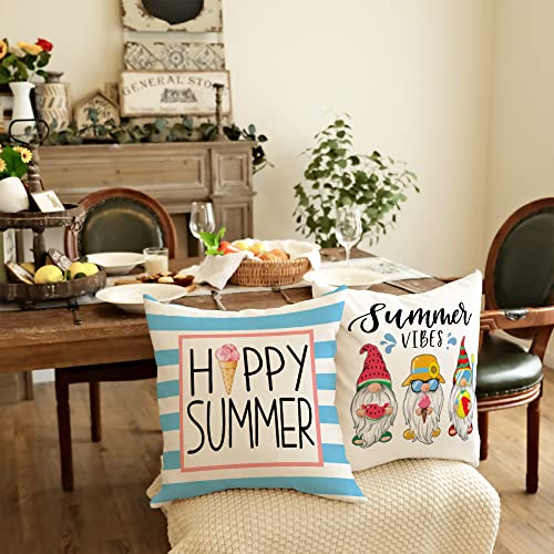 GEEORY Summer Pillow Covers 20x20 Inch Set of 4 Gnomes Popsicle Ice Cream Hello Sweet Summer Vibes Pillows Decorative Throw Pillows Summer Decorations Farmhouse Decor Cushion Case for Sofa Couch