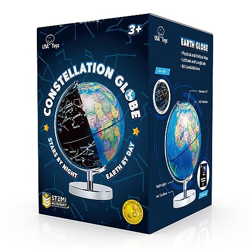 USA Toyz Illuminated Globe for Kids Learning- Globes of the World with Stand 3-in-1 STEM Kids Globe, Constellation Night Light Desk World Globe Lamp Built-in LED Light, Non-Tip Metal Base, 9.75” Tall