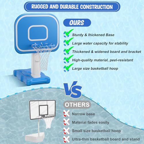 Pool Basketball Hoop, 33"x26"x50" Oversized Pool Toys with Adjustable Height Includes 4 Balls(Size 6, 2×Size 3, Glow)/ Nets/Pump for Poolside Water Basketball Game, Swimming Pool Games for Kids Adults