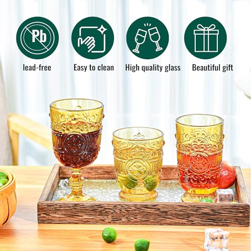 Sungmor Vintage Drinking Glasses Beverage Glass Cups, Set of 3 Embossed Wine Goblets & Highball Glasses and Old Fashioned Glasses, Amber Cocktail Drinking Glassware, 10 oz Water Tumblers Juice Glasses