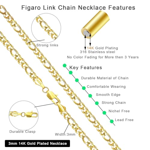 SILILUN Figaro Chain Necklace 14K Real Gold Plated Jewelry for Men Women (3mm Wide, 16.5 Inches 14K Gold)