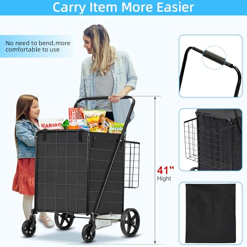 HABUTWAY Folding Shopping Cart with Removable Oxford Cloth Liner, Grocery Cart on Wheels,360°Swivel Wheels,Heavy Duty Shopping Carts for Groceries, 220lb Capacity Black