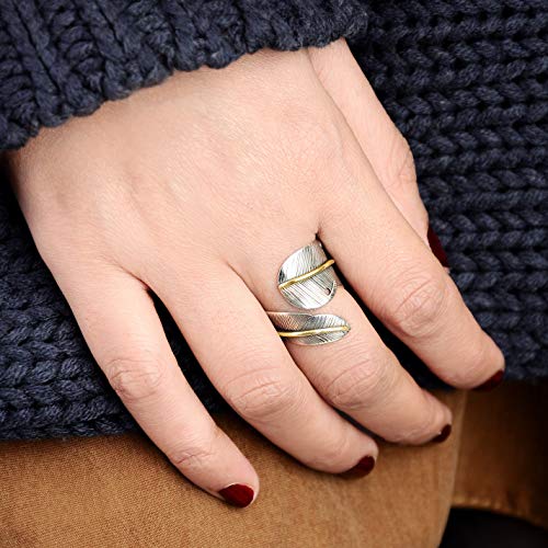 Boho-Magic 925 Sterling Silver and Brass Leaf Adjustable Ring for Women, Cool Plain Simple Open Wrap Feather Ring Size 7-10