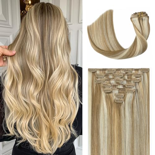 Ukira Blonde Clip in Hair Extensions, 15 Inch 70g 7pcs Ash Blonde Mixed Bleach Blonde Highlighted Hair Extensions, Ntural Straight Remy Human Hair Clip in Extensions for Women