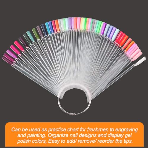 JASSINS 50 Pcs Nail Swatch Sticks with Ring and Numbered Tips - Clear Fan-shaped Display for Nail Art Polish Practice