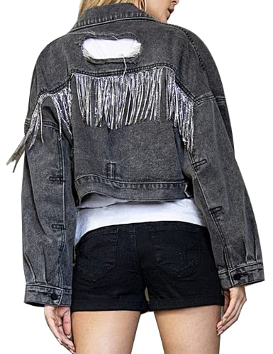 Joiemont Womens Denim Jacket with Fringe Rhinestones Long Sleeve Distressed Ripped Denim Jackets with Pockets(0025-Black-S)