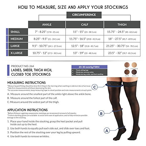 Truform Sheer Compression Stockings, 20-30 mmHg, Women's Thigh High Length, 30 Denier, Beige, Small