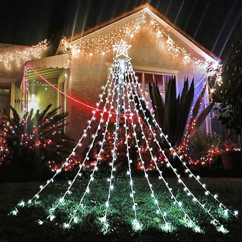 Christmas Lights Outdoor, Aokudoni 12.6ft 8-Lighting Modes Waterfall Lights for Christmas, Outdoor Christmas Decorations for Yard, Christmas Lights for Tree House Holiday Party, Warm White