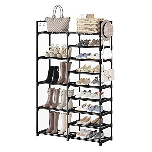 WOWLIVE 8 Tiers Black Narrow Tall Shoe Rack Organizer Metal Shoe Rack Shelf for Entryway Garage 32-36 Pairs Stackable Shoe Rack for Closet Shoe Storage with Side Hooks