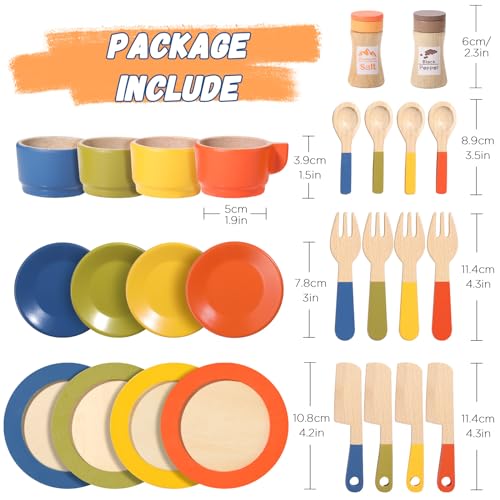 GAGAKU Wooden Play Food Sets for Kids Kitchen,Montessori Wooden Play Food Toys Play Plates and Dishes for Kids Wooden Play Kitchen Accessories Play Dishes for Toddler Boys Girls Gifts