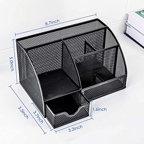 Refand Mesh Desk Organizer, Desktop Office Supplies Multi-Functional Caddy Pen Holder Stationery with 6 Compartments and 1 Drawer for Office, Home, School, Classroom