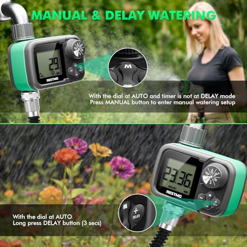 RESTMO Sprinkler Timer, Water Timer for Garden Hose, Outdoor Faucet, Lawn Watering, Automatic Control, Manual Watering, Ball Valve System Compatible with Rain Barrel, Zero/Low Water Pressure Watering