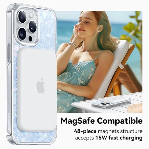 CASEKOO Pearl Shell for iPhone 14 Pro Case with Magnetic Ring Stand [Compatible with Magsafe][12FT Military Drop Protection] Translucent Slim Phone Cover for Women, Gorgeous & Stylish(2024), Blue