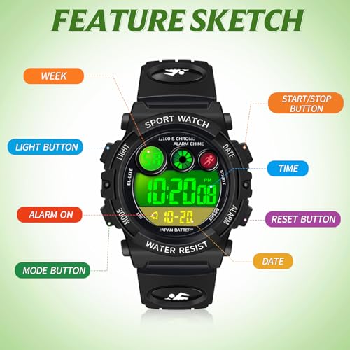 Dayllon Kids Watch Digital Outdoor Sport Waterproof Boys Watches 12/24H Alarm 7 Colorful Backlight Stopwatch Wristwatch for 3-15 Year Old Gift Black