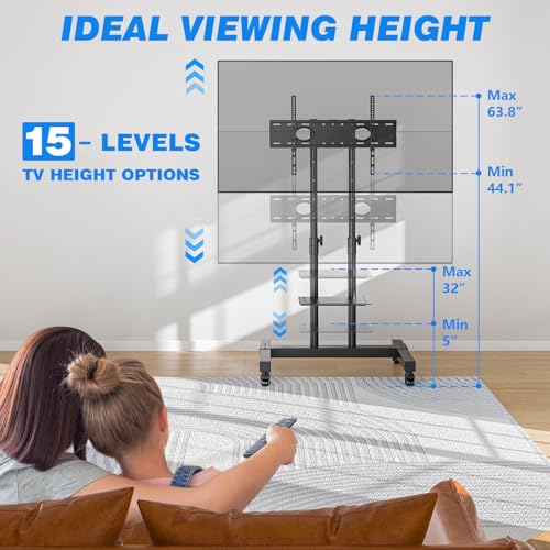 Mobile TV Cart for 32-80 Inch Screens up to 110 lbs, Height Adjustable Rolling TV Stand with Locking Wheels and Metal Shelf, Portable Outdoor Floor TV Stand Movable Monitor Holder for Home Office