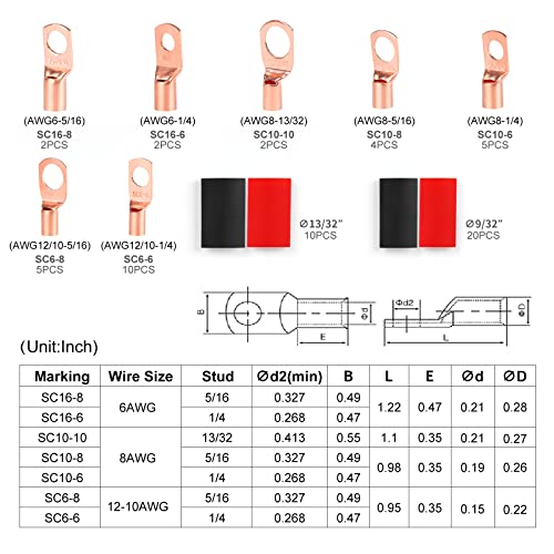 Copper Wire Lugs,Terminal Connectors,Used on AWG12 10 8 6 4 2 Cable,Heat Shrink Set,Bare Copper Eyelets,Ring Terminals Connectors,30Pcs Battery Cable Lugs Ends and 30Pcs Heat Shrink Tubing (60PCS)