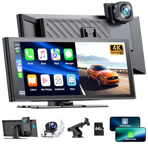 LAMTTO Wireless Carplay &Android Auto with 4K Dash cam,9.26 Inch Protable Carplay Screen for Car,1080P Backup Camera, Digital Media Receivers with Voice Control/Bluetooth/G-sensor/GPS/Mirror Link