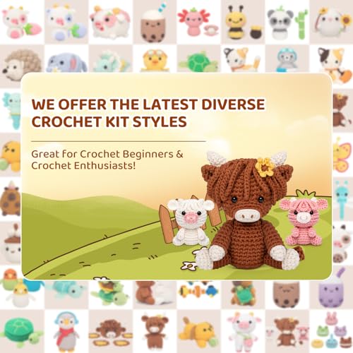 Mewaii Crochet Kit for Beginners, Crochet Starter Kit with Step-by-Step Video Tutorials, Crochet Complete Kit with 40%+ Pre-Started Yarn Content, Crochet Gifts for Adults Kids (3 Packs Highland Cow)