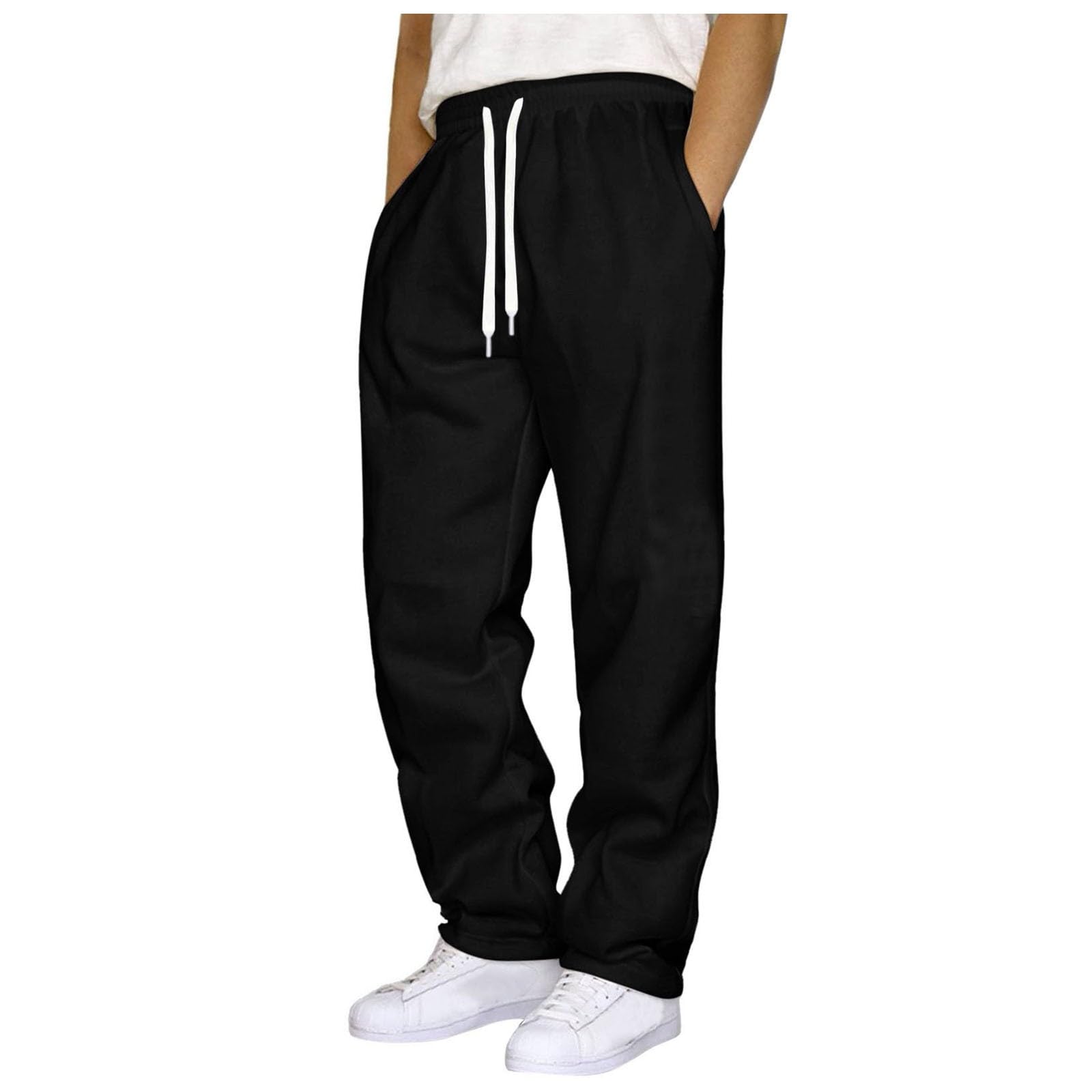 Mens Sweatpants Open Bottom Baggy Casual Drawstring Straight Leg Sweat Pants for Men Joggers Gym Athletic Trousers Black