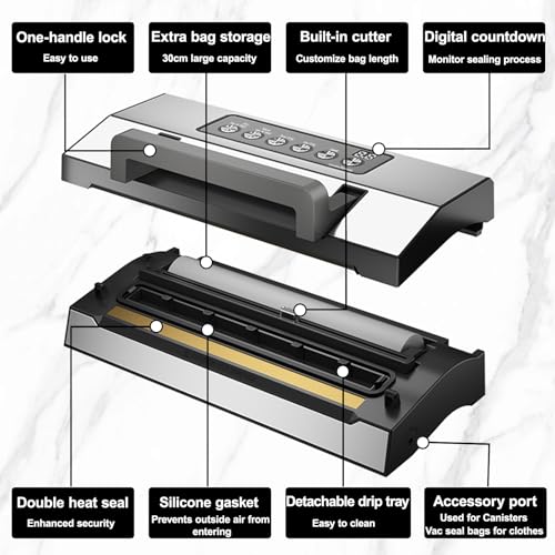 Precision Vacuum Sealer – LIWUNON Stainless Steel Food Vacuum Sealer Machine, Double Heat Seal, All-in-One Versatile for All Foods, Large Bag Storage, Built-in Cutter, Easy-Lock Handle