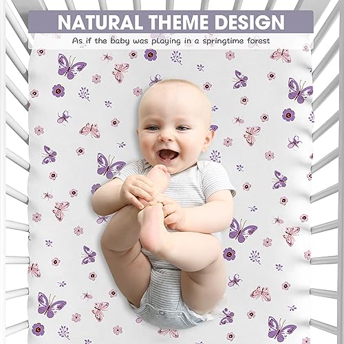 bimocosy Fitted Crib Sheets Girl Boy 4 Pack, Size 28"x 52" for Standard Crib and Toddler Mattresses, Super Soft Breathable Microfiber Baby Crib Mattress Sheet, Butterfly/Floral/Pink/Purple