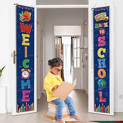 Welcome Back to School Porch Sign Supplies Back to School Door Sign Party Decorations First Day of School Hanging Banners for Kindergarten Pre-school Primary High School Classroom Wall (Blue)