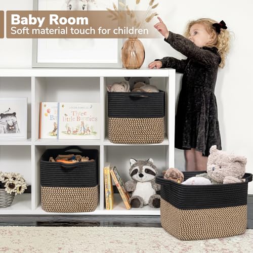 Goodpick Black Woven Rope Basket Set of 3, Shelf Storage Baskets for Books, Towels, clothes, Rectangle Decorative Basket for Living Room, Bedroom, Toy Bin for Nursery