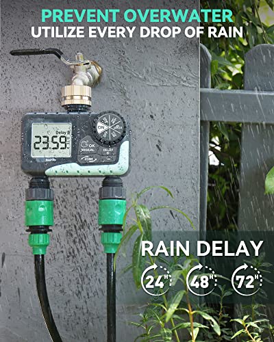 RAINPOINT Water Timer for Garden Hose - Sprinkler Timer with Brass Swivel - Rain Delay/Manual Watering/Automatic Irrigation Controller System Hose Timer Programmable Faucet Timer for Yard, 2 Outlet