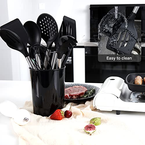 NCUE Kitchen Utensils Set, 28 Pcs Silicone Cooking Utensils Set with Holder, Spatula Set, Silicone Whisk, Scissors, Measuring Cups and Spoons Set with Stainless Steel Handle Kitchen Gadgets (Black)