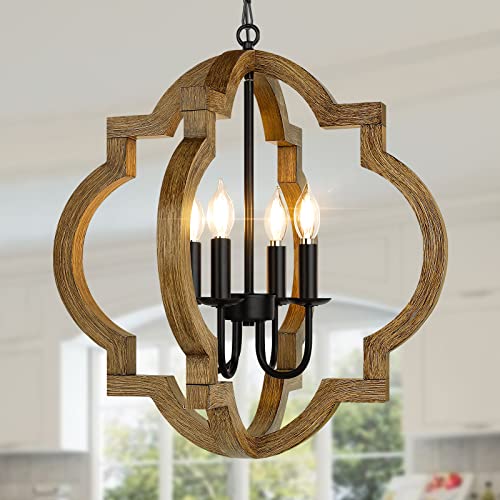 21.6'' Farmhouse Wood Chandelier, 4-Light Rustic Dining Room Light Fixture, Orb Chandelier Light Adjustable Hanging Chain,Black Chandelier for Kitchen Island Foyer Over Dining Table, Bulb Not Included