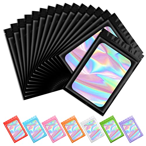 Funfery 100 pcs Pink Smell Proof Mylar Holographic Bags, Clear Resealable Odor Proof Foil Pouch Bag for Food Storage, Jewelry, Eyelash Packaging,Gloss,Small Business (6.3x9.4In)