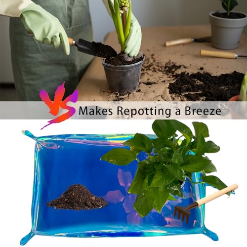 ONEART | Holographic Transparent Plant Repotting Mat Iridescent PVC Waterproof Planting Mat Indoor Outdoor Transplanting Tray Pad, 16.9" × 26.3" (Blue)