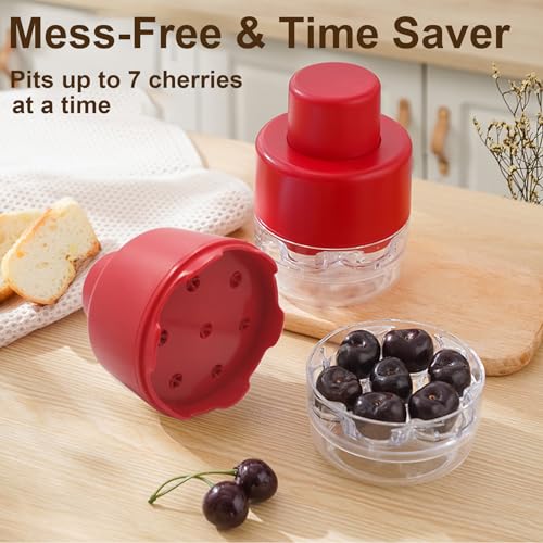 Multi Cherry Pitter Tool, Cherry Stone Remover for Multiple Cherries, Remove 7 Stones One Time, Fruit Pit Stoner for Kitchen Cherry Jam, Quick-Release Multi-Cherry & Olive Pitter (Red)