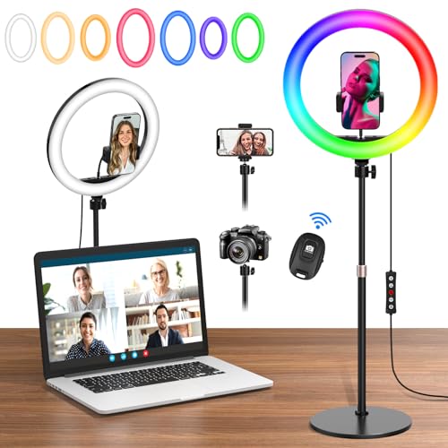 10.3" Selfie Ring Light with Stand and Phone Holder, Desk Tripod, 29 RGB Lighting Modes, Remote for iPhone &Android Camera. LED Halo Light for Photo, Video Recording, TikTok. Circle Ringlight Dimmable