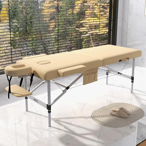KCC Memory Foam Portable Massage Table, Foldable Tattoo Table Lash Bed Height Adjustable，28 Inchs Wide Home Salon Spa Bed Accessories &Carrying Case，Easy Set Up,Lightweight Aluminium Leg,Beige