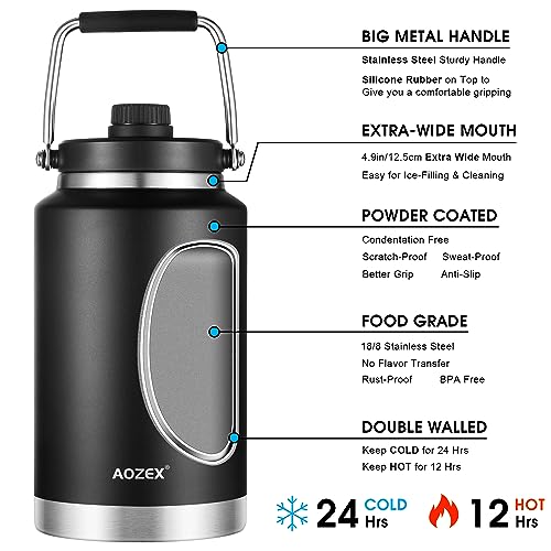 AOZEX 1 Gallon Water Bottle Insulated, 128 oz Large Sports Water Bottle Metal 1 Gallon Water Jug for Drinking, Stainless Steel Water Bottles Big Camping Water Flask Canteen One Gallon Water Bottle