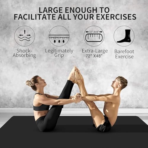 CAMBIVO Large Yoga Mat, Extra Thick Workout Mats for Home Gym, 6'x 4'x 8 mm Non Slip Wide Exercise Mat for Pilates, Stretching or Cardio, Use Without Shoes Black