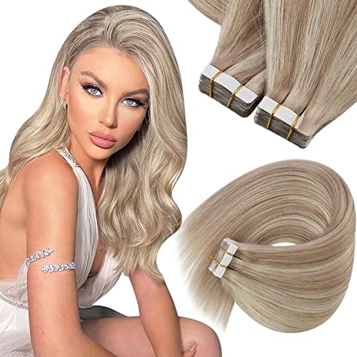 Sunny Hair Blonde Virgin Tape in Hair Extensions 12inch Tape in Hair Extensions Human Hair White Blonde Virgin Hair Tape ins Human Hair Extensions Seamless Virgin Tape in Hair for Women